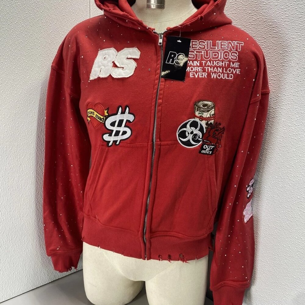 NEW RESILIENT STUDIOS Rhinestone Zip Sweatshirt Jacket Red M